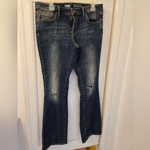 Women's Mid-Rise Skinny Boot Distressed Blue Jeans